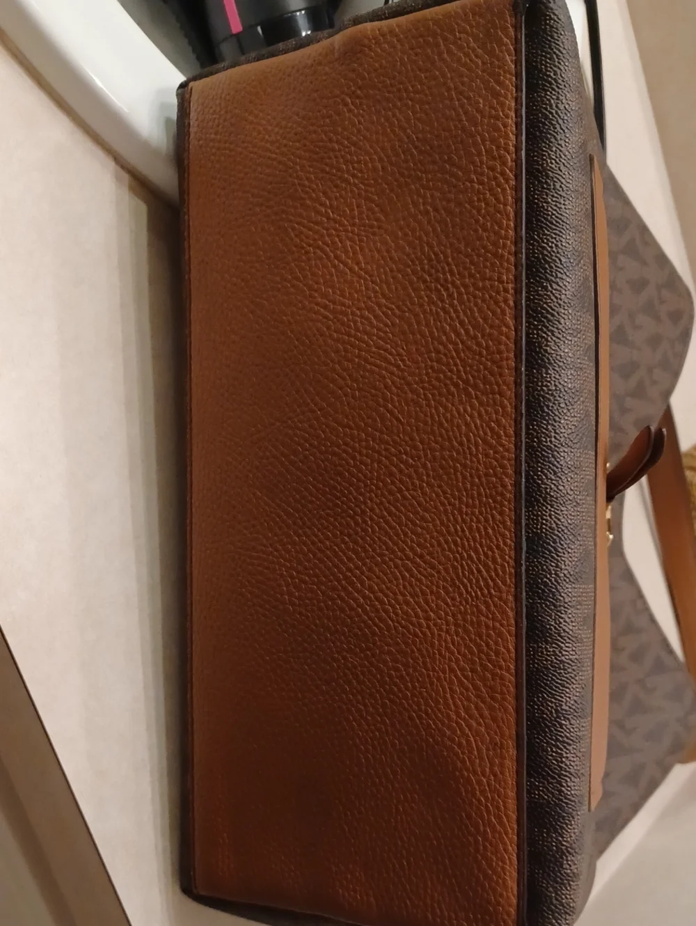 > Michael Kors Brown Monogram Shoulder Tote with Chestnut Front Pocket